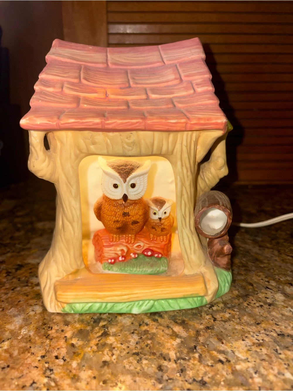 Ceramic Owl House Night Light with Pink Roof - Vintage